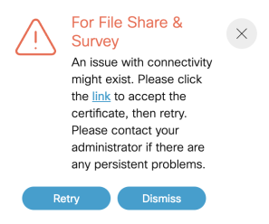 Meeting Apps warning message with hyperlink to accept certificate and Retry