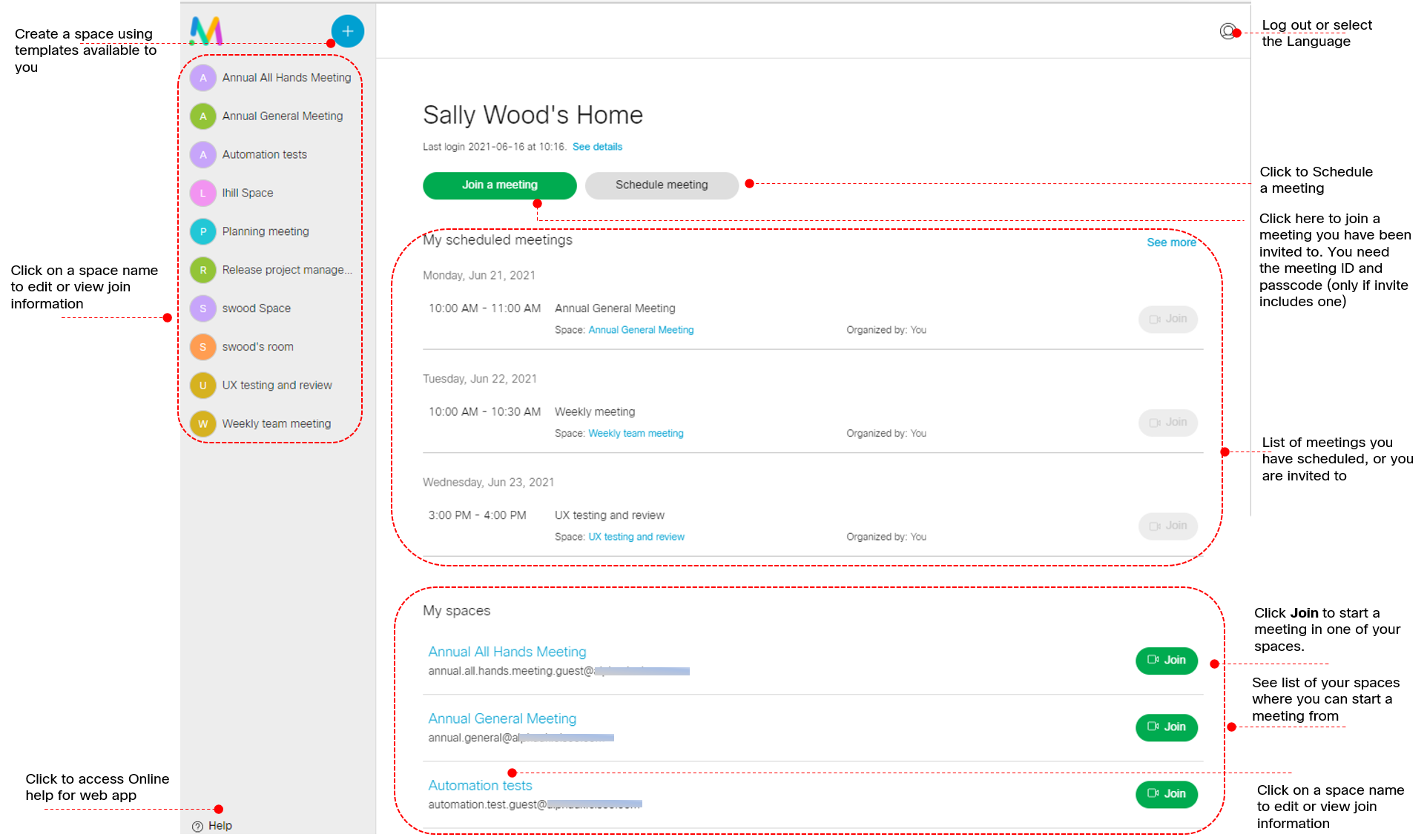 Web app UI shows spaces, scheduled meetings, join and schedule meeting options